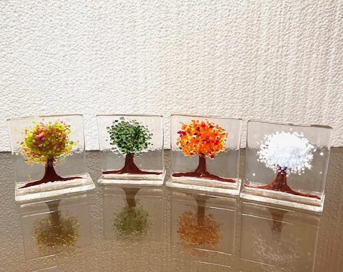 Fused Glass Four Seasons Tree Set: Windowsill Light Catchers