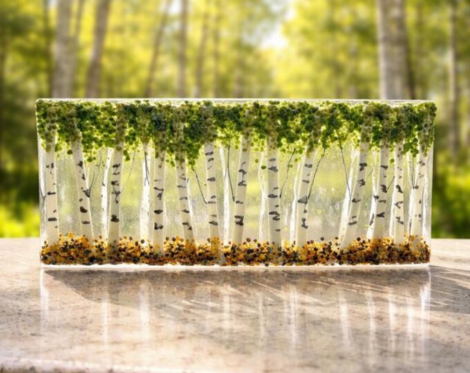 Fused Glass Aspen Tree Shelf Art: Curved Forest Decor