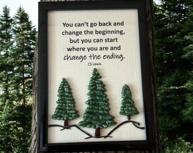 Framed Fused Glass Inspirational Picture: Table & Shelf Art, CS Lewis quote, Evergreen tree art