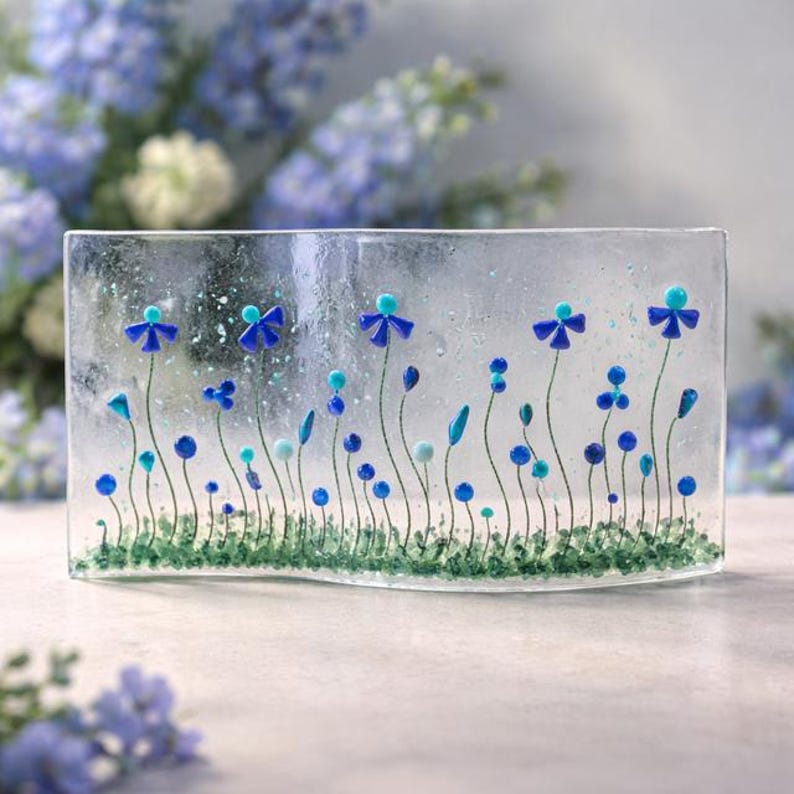 Fused Glass Blue Flower Shelf Art: Curved Window Sill Decor image 1