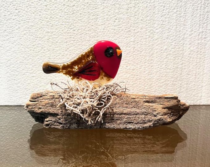 Fused Glass Robin Freestanding Art, Glass Bird on Driftwood, Shelf Art, Bird Lover