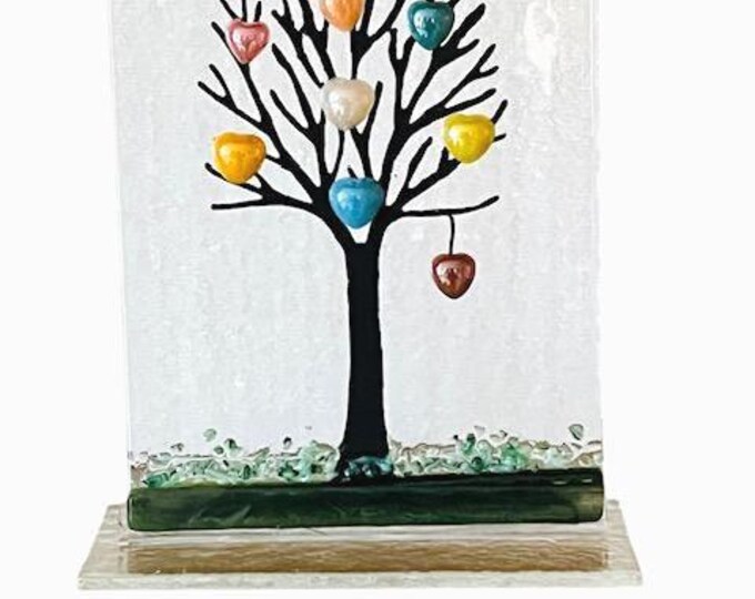 Valentine Heart Tree Fused Glass Art, Sun Catcher Window Light Catcher, Shelf Art, Windowsill Art, Heart Art
