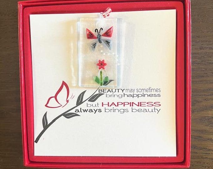 Fused Glass Dainty Sun Catcher, All-in-one gift, Beautiful Butterfly, Happiness, Red Box Gift