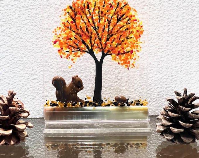 Fused Glass Autumn Tree with Squirrel Art: Fall Decor Sun Catcher