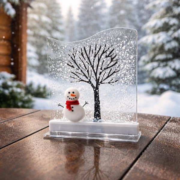 Fused Glass Winter Tree with Snowman: Holiday Decor, Windowsill Art