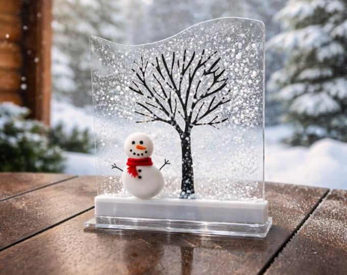Fused Glass Winter Tree with Snowman: Holiday Decor, Windowsill Art