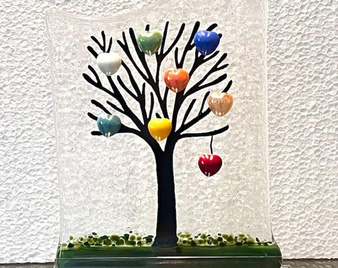 Valentine Heart Tree Fused Glass Art, Sun Catcher Window Light Catcher, Shelf Art, Windowsill Art, Heart Art