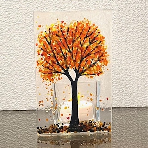 Fused Glass Autumn Leaves Candle Holder: Tree Tealight Votive