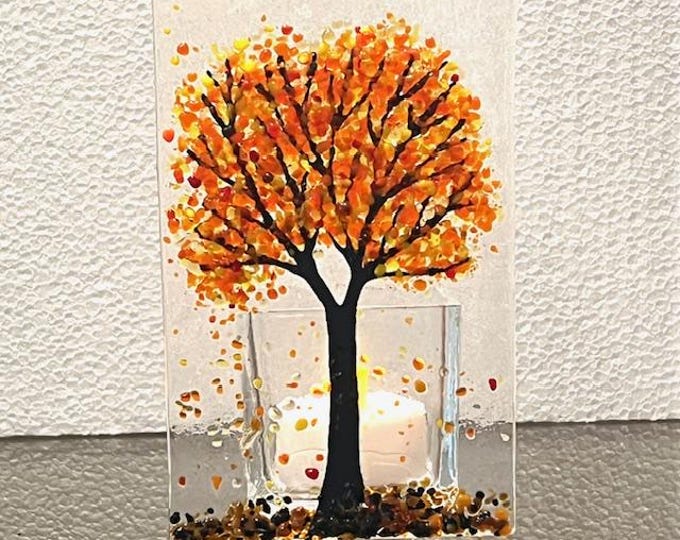 Fused Glass Autumn Leaves Candle Holder, Tree Votive Holder, Autumn Tree Tealight Holder, Bringing the Outside In