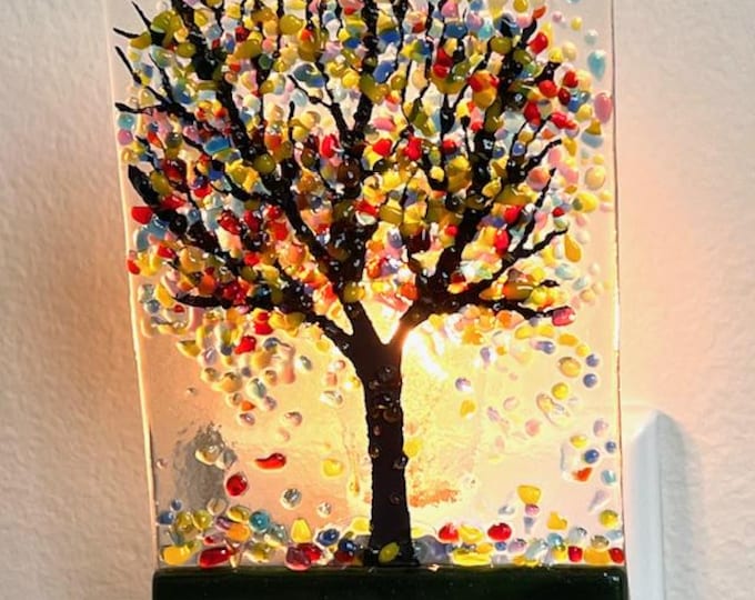 Rainbow Tree Fused Glass Night Light, Bringing the Outdoors In, Bedroom, Bathroom, Hallway Light, Nature Inspired, Plug In Accent Light