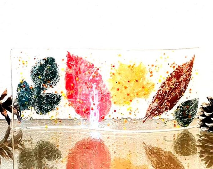 Fossilized Autumn Leaves Fused Glass Curved Window Art, Bringing the Outside In, Autumn Glass Art