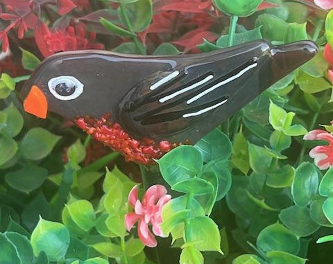 Fused Glass Robin Plant Stake, Glass Bird on Glass Stake, Planter Bird, Whimsical Planter Bird