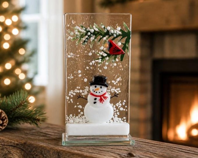 Fused Glass Snowman Shelf Art,  Cardinal in Evergreen Bough Decoration