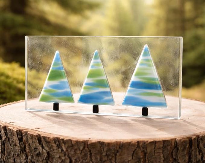 Three Trees Fused Glass Art: Curved Shelf Decor, Blue Green Trees