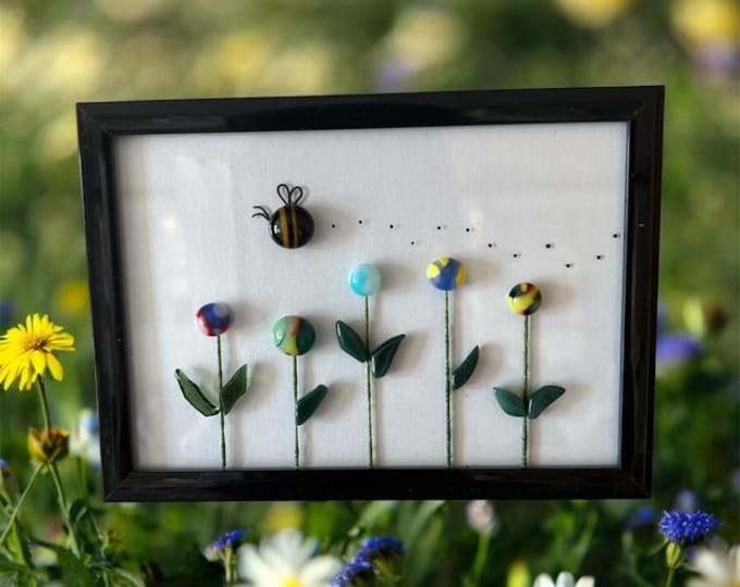 Framed Fused Glass Flower Art with Bumblebee