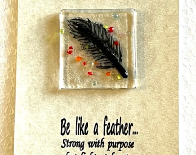 Fused Glass Feather Pocket Coin, Little Gift of Kindness, Gift of Encouragement