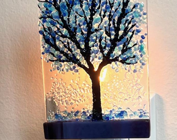 Blue Tree Fused Glass Night Light, Bringing the Outdoors In, Bedroom, Bathroom, Hallway Light, Nature Inspired, Plug In Accent Light