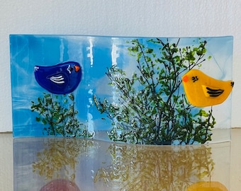 Fused Glass Colorful Whimsical Birds Curved Glass Shelf Art, Home Decor, Windowsill Art, Bringing the Outdoors In