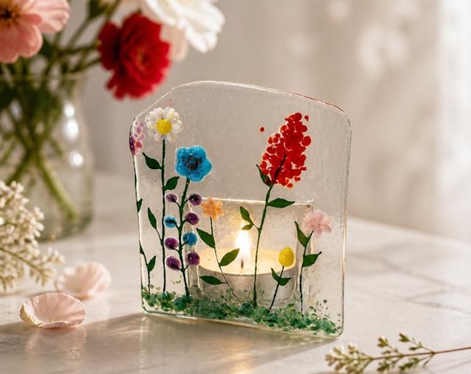 Tea Light Holder, Colorful Flower Fused Glass Candle Holder