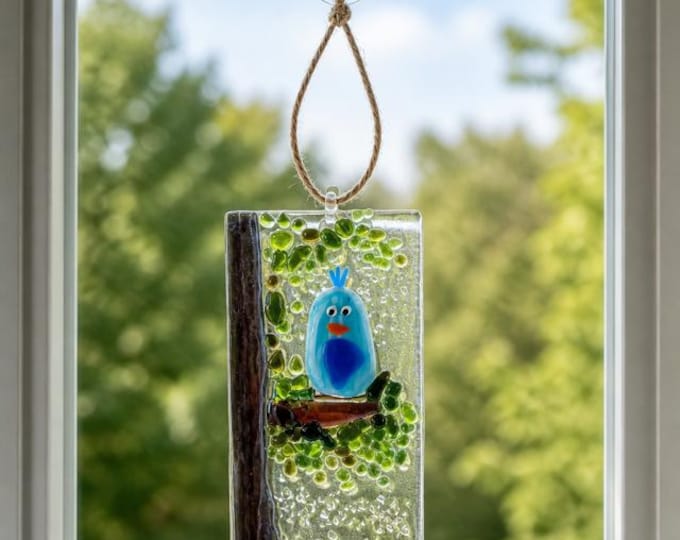 Whimsical Blue Bird Sun Catcher: Fused Glass Bird