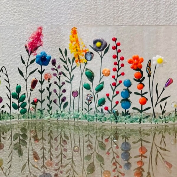 Fused Glass Wild Flowers Curved Shelf Art, Home Decor, Window Sill Art, Bringing the Outdoors In, Flower Glass Art