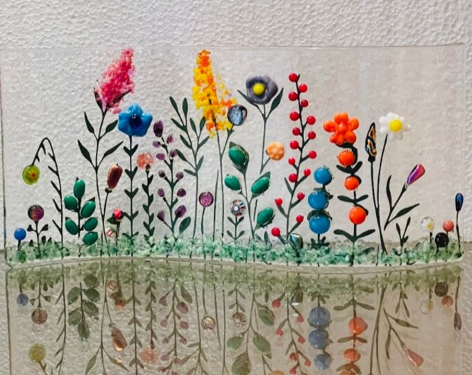 Fused Glass Wild Flowers Curved Shelf Art, Home Decor, Window Sill Art, Bringing the Outdoors In, Flower Glass Art