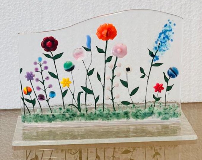 Flower Garden Art, Everlasting Forever Flowers in Fused Glass, Field of Flowers, Glass Art Flowers on Glass Stand