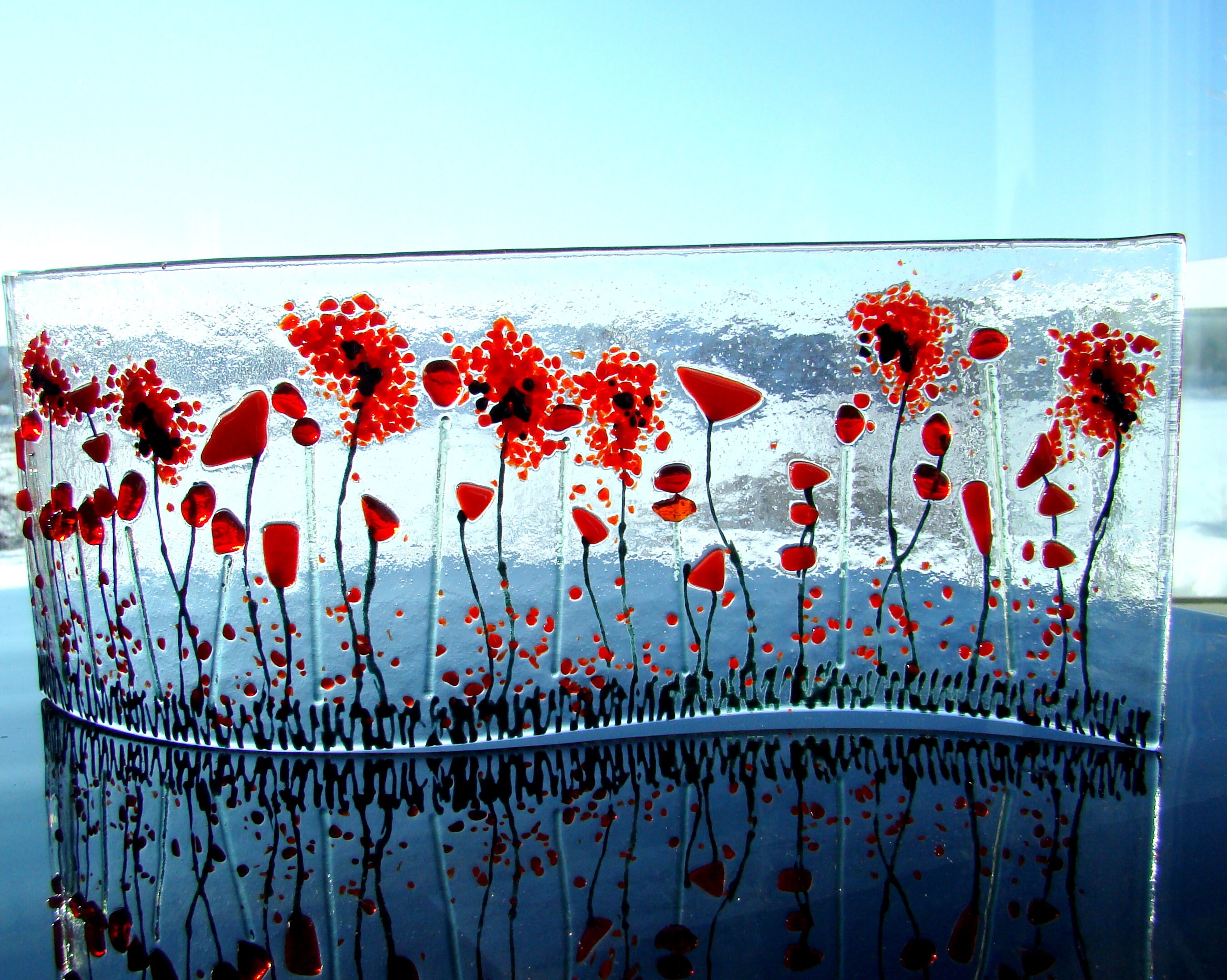 Poppy Fields Curved Fused Glass Shelf Art, Home Decor, Window Sill Art