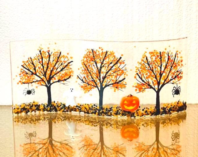 Halloween Trees Curved Glass Shelf Art, Home Decor, Window Sill Art, Bringing the Outdoors In, Pumpkin Glass art