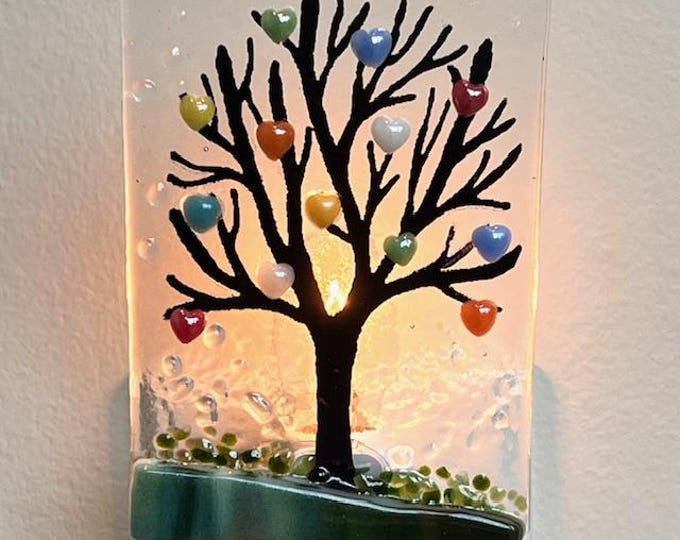 Heart Tree Fused Glass Night Light, Bringing the Outdoors In, Bedroom, Bathroom, Hallway Light, Nature Inspired, Plug In Accent Light