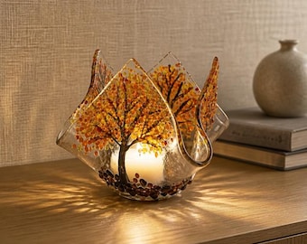 Autumn Trees Tea Light Holder, Fall Fused Glass Candle Holder