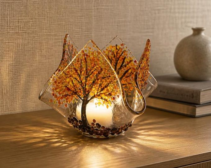 Autumn Trees Tea Light Holder, Fall Fused Glass Candle Holder