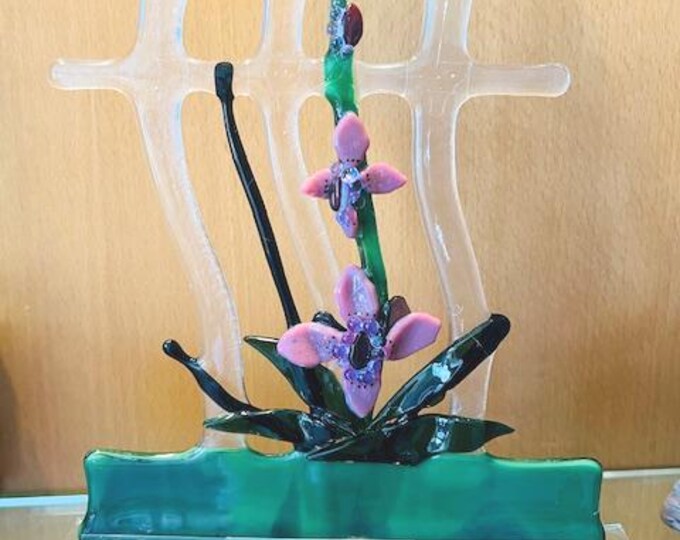 Fused Glass Orchid on Trellis Freestanding Sculpture, Unique Orchid Sculpture, Home Decor, Glass Art