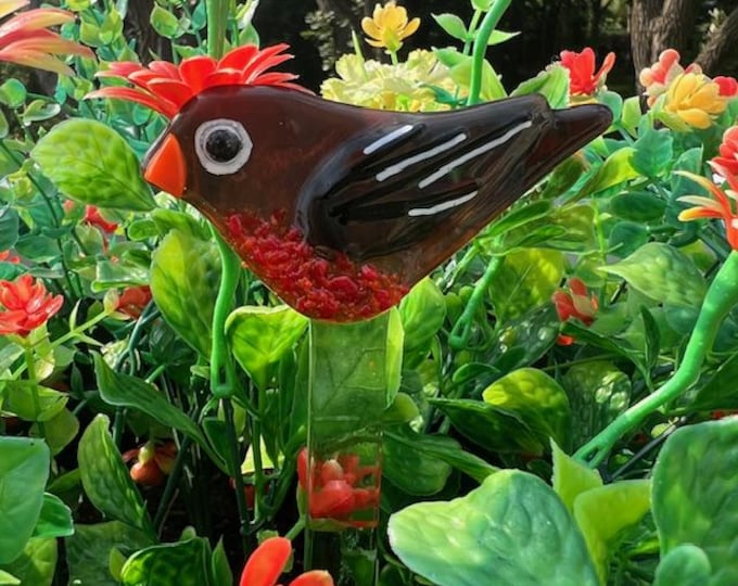 Fused Glass Robin Plant Stake, Glass Bird on Glass Stake, Planter Bird, Whimsical Planter Bird