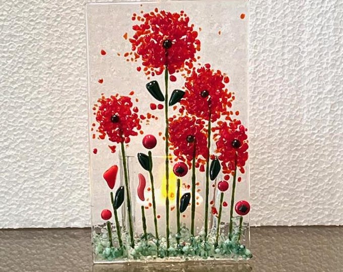 Fused Glass Poppy Candle Holder, Flower Votive Holder, Flowering Garden Tealight Holder, Bringing the Outside In