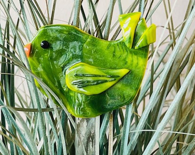 Fused Glass Whimsical Bird Plant Stake, Glass Bird on Glass Stake, Planter Bird, Whimsical Planter Bird