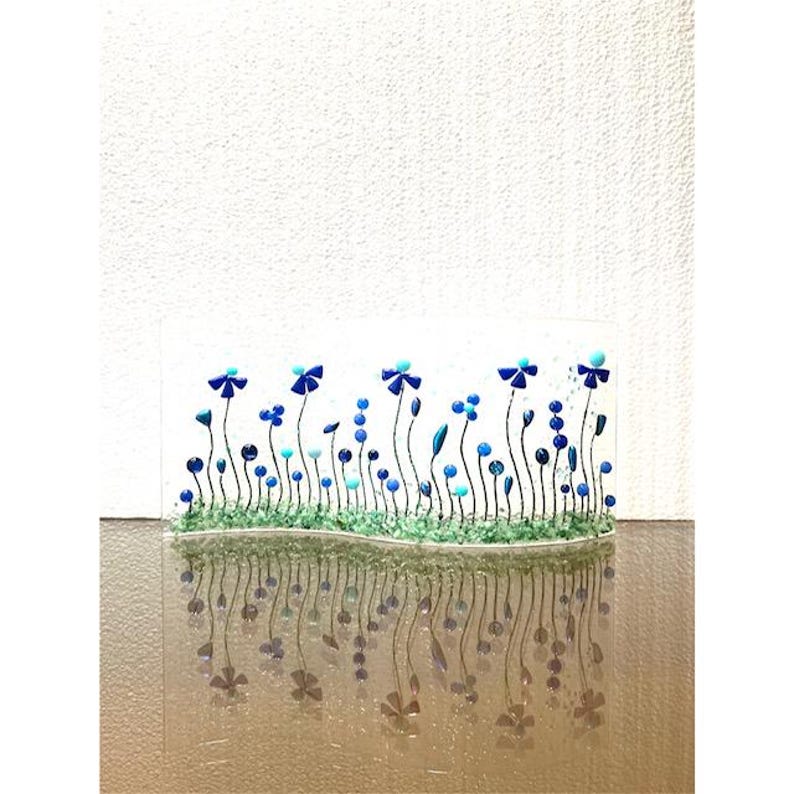 Fused Glass Blue Flower Shelf Art: Curved Window Sill Decor image 2
