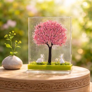 Fused Glass Springtime Tree Art: Bunnies, Sun Catcher, Easter Decor