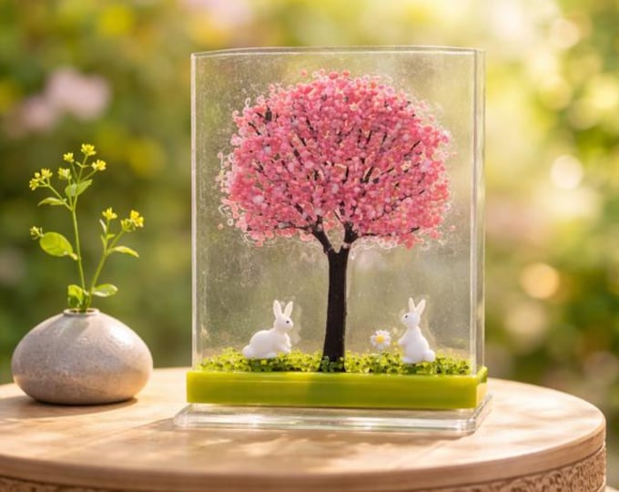 Fused Glass Springtime Tree Art: Bunnies, Sun Catcher, Easter Decor