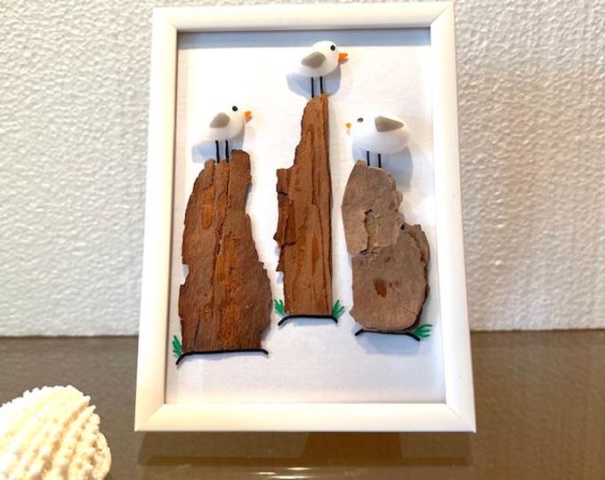 Framed Fused Glass Seagull Art, Beach Decor, Driftwood Birds