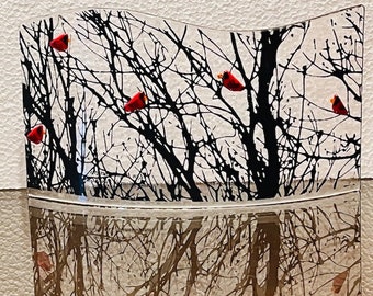 Fused Glass Tree and Cardinal Window Sill Art, Curved Tree Art, Cardinals Glass Curve, Bringing the Outdoors In, Red Birds