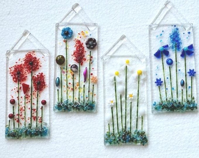 Fused Glass Sun Catcher, Daisies, Poppies, Wild Flowers, Blue Flowers Sun Catcher, Bringing the Outside In, Hanger Included, Gift boxed