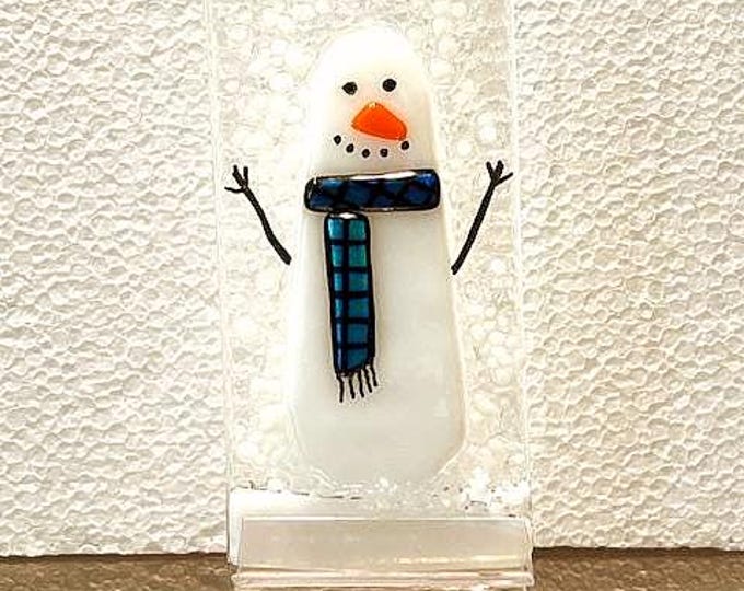 Fused Glass Snowman Shelf Art, Winter Decoration, Jolly Snowman Freestanding Art