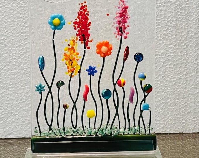 Forever Flowers Freestanding Fused Glass Sculpture, Flower Garden on Stand, Wildflowers