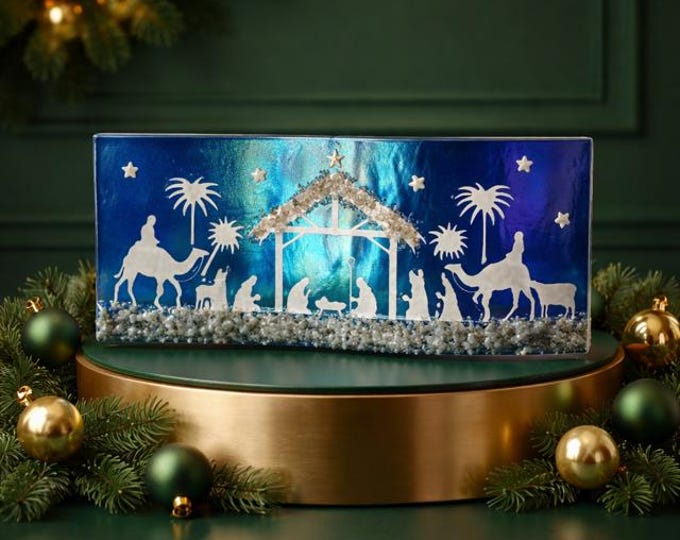 Fused Glass Curved Nativity Scene: Iridescent Christmas Decoration