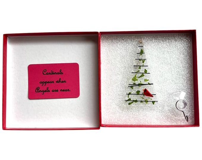 Fused Glass Christmas Tree and Cardinal Suncatcher, Window Decoration, Tree Ornament, Remembrance Ornament