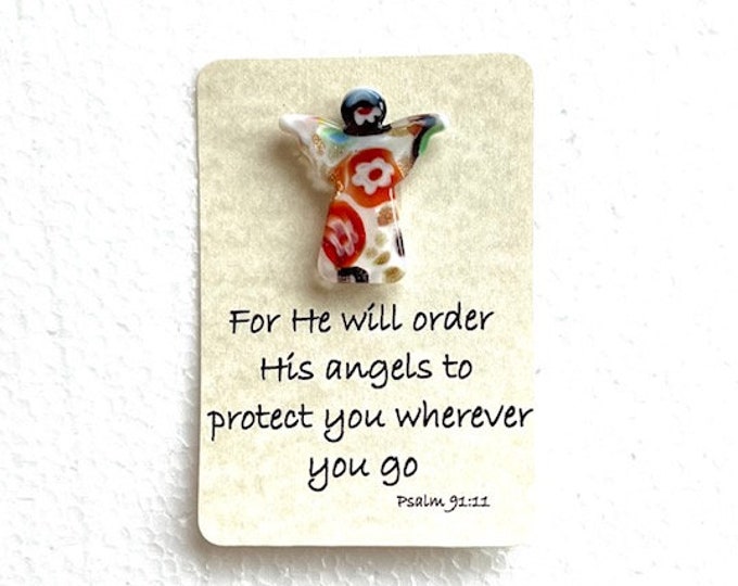 Fused Glass Angel magnet or pocket angel, Angel of Protection, Lampworked Glass Angel, Psalm 91:11, Little Gift of Kindness