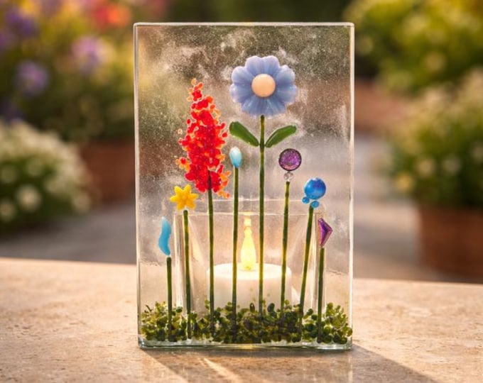Fused Glass Wildflower Tealight Holder, Floral Candle Votive