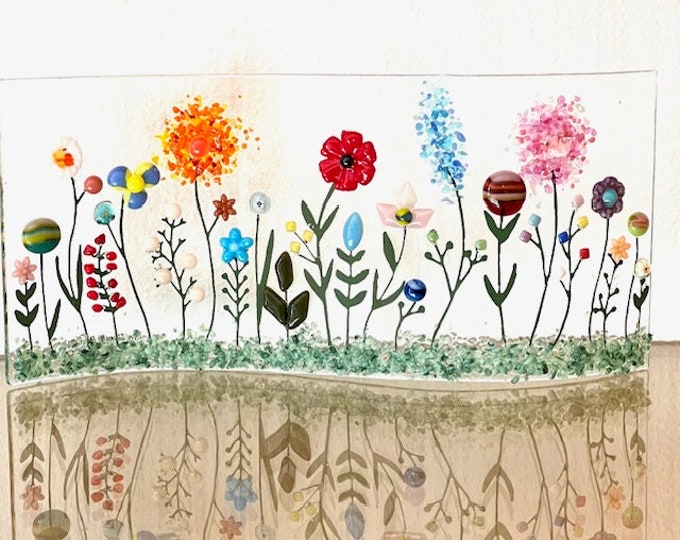 Fused Glass Wild Flowers Curved Shelf Art, Home Decor, Window Sill Art, Bringing the Outdoors In, Flower Glass Art