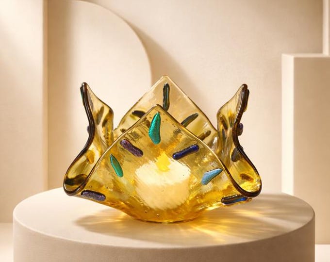Fused Glass Tea Light Holder: Dichroic Amber Candle Votive